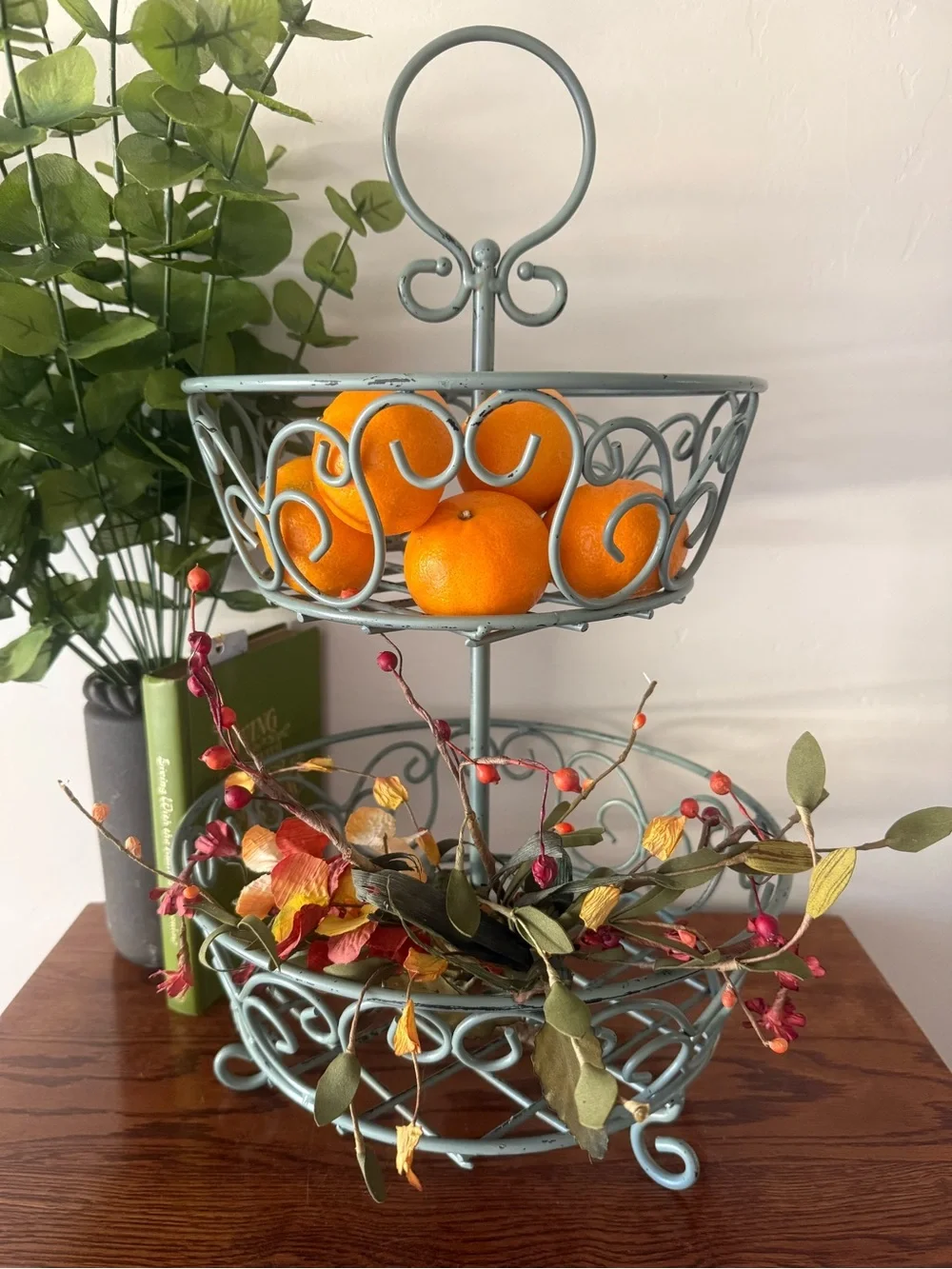 2-Tier Metal Stand | Distressed Blue | Rustic Cottage Decor